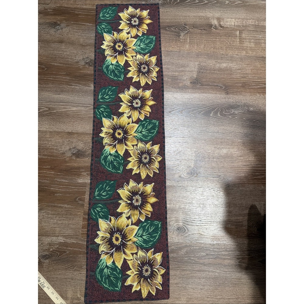 Vintage Tapestry Table Runner Sunflowers  53" X 13" Maroon Red